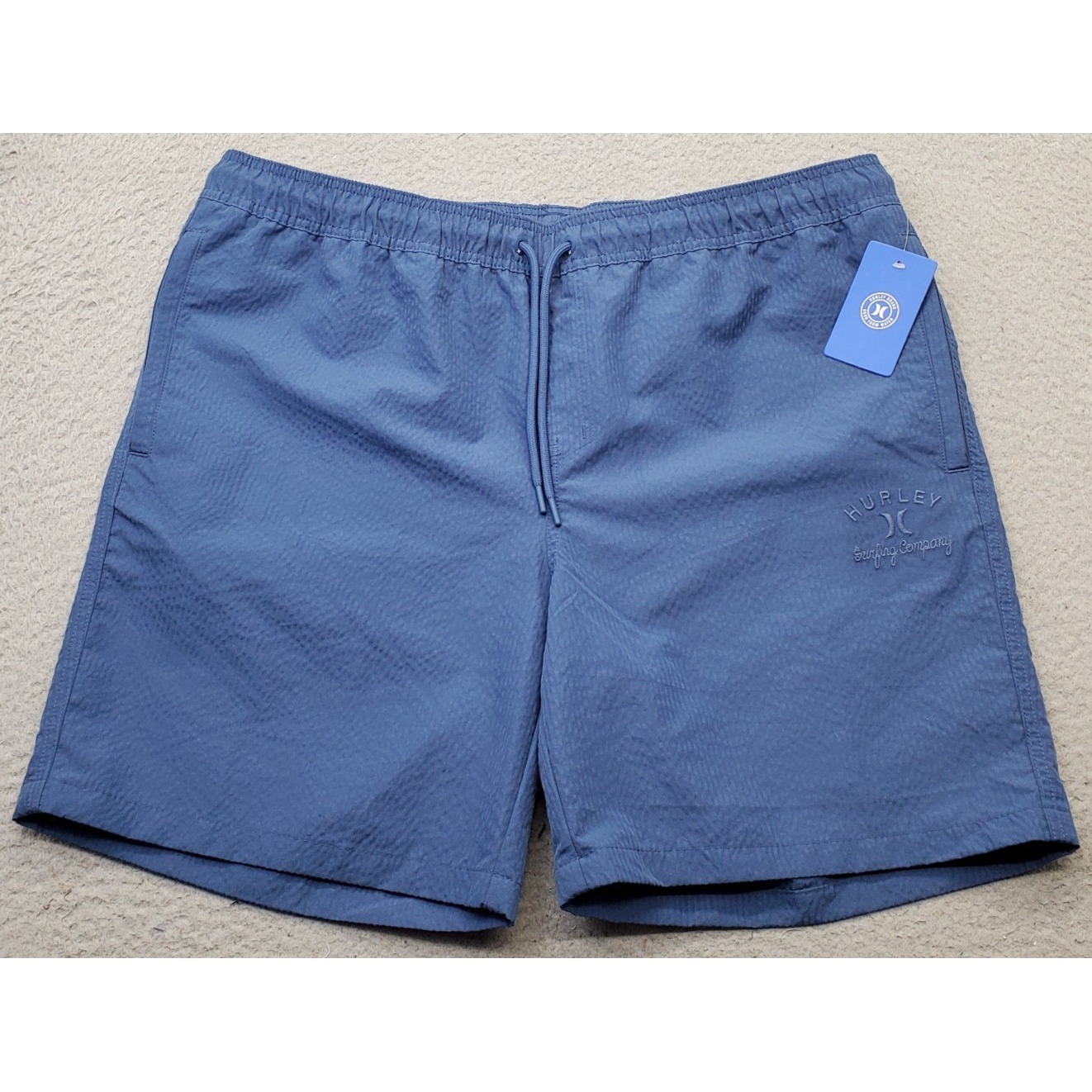 Hurley Swim Trunk Shorts Mens Xxl Blue Seersucker Swimwear Drawstring Waist